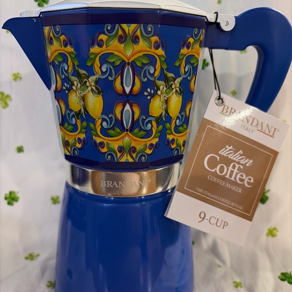 Brandani Blue Italian 9-Cup Coffee Maker with Decorative Lemon Pattern